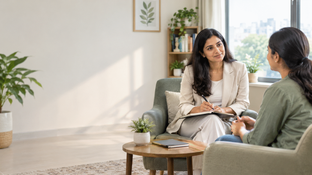 Psychologist providing counseling to an adult client in a calm, modern therapy clinic in Ghaziabad to support mental well-being.
